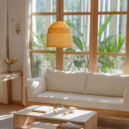 Modern Hand-Woven Straw Pendant Light - Japandi Open Weave Dome Lamp