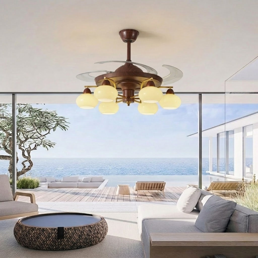 Retractable Ceiling Fan Light - Walnut & Glass Globes