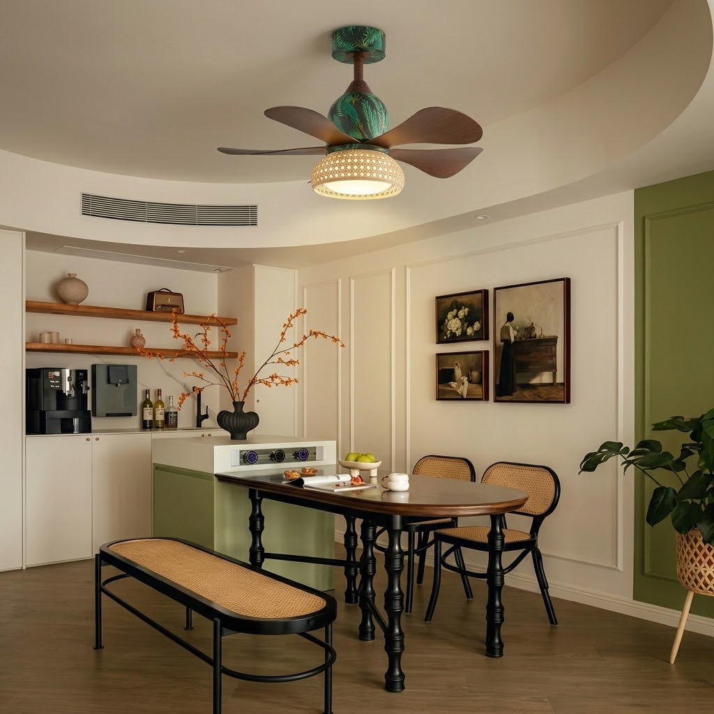 Retro Tropical Rattan Ceiling Fan with Light - 28" 5-Blade Fan
