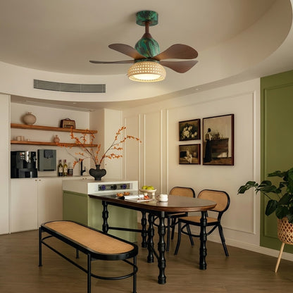 Retro Tropical Rattan Ceiling Fan with Light - 28" 5-Blade Fan