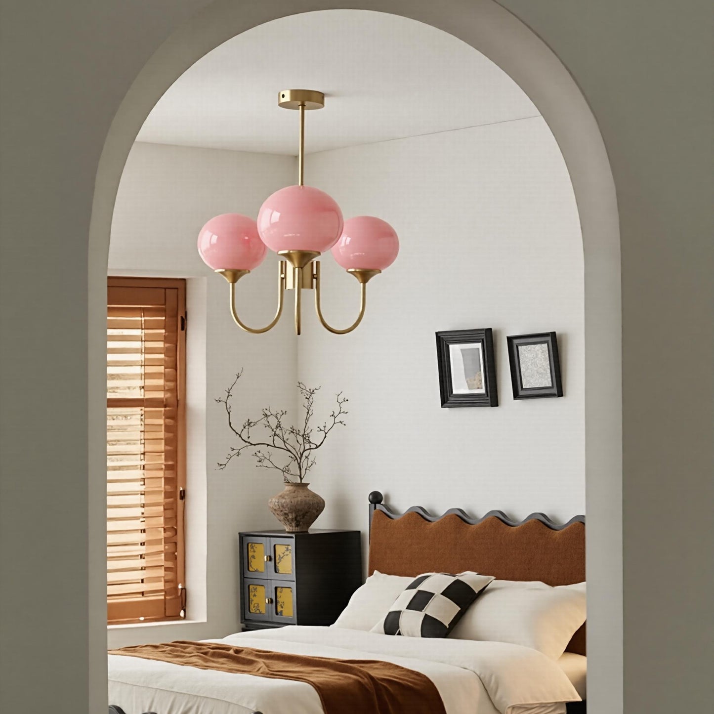 Modern Gooseneck Globe Chandelier - Mid-Century Pink & Orange Glass Pendant