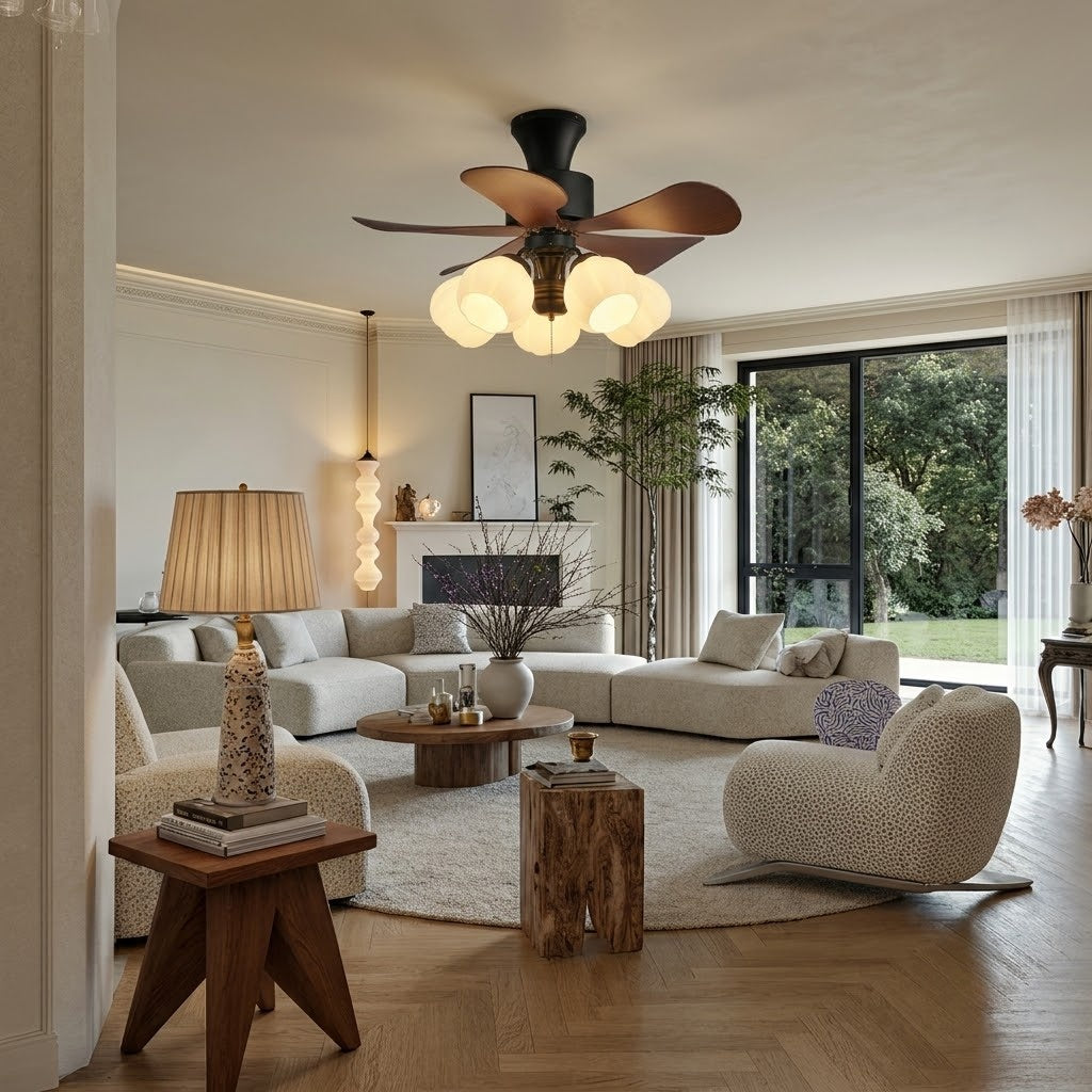 Nordic Wood Effect Ceiling Fan with Light, Frosted Flower Glass Shades for Bedroom & Living Room