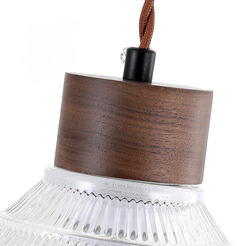 Light Luxury Simple Walnut Wood and Glass Pendant Light for Bedroom