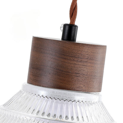 Light Luxury Simple Walnut Wood and Glass Pendant Light for Bedroom