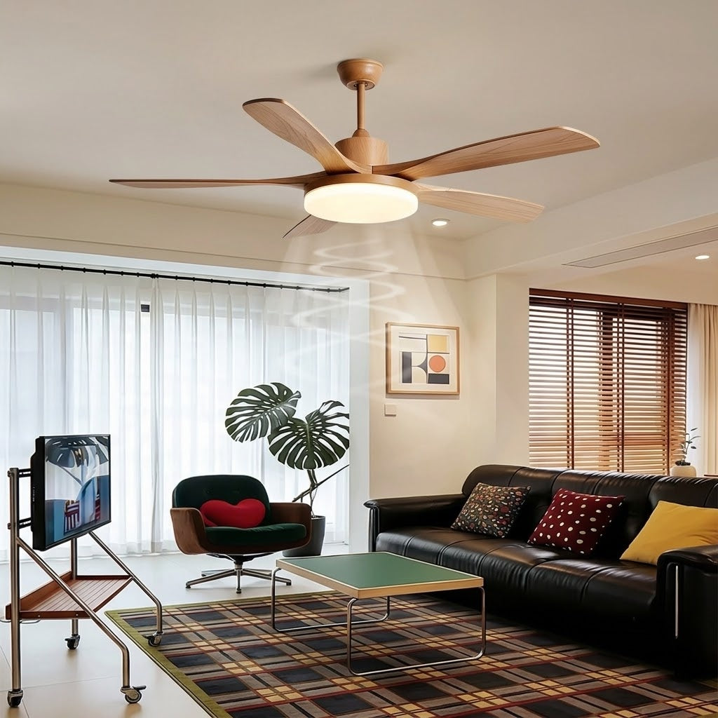 Modern Style Ceiling Fan with Light Natural Wood Finish & LED for Bedroom
