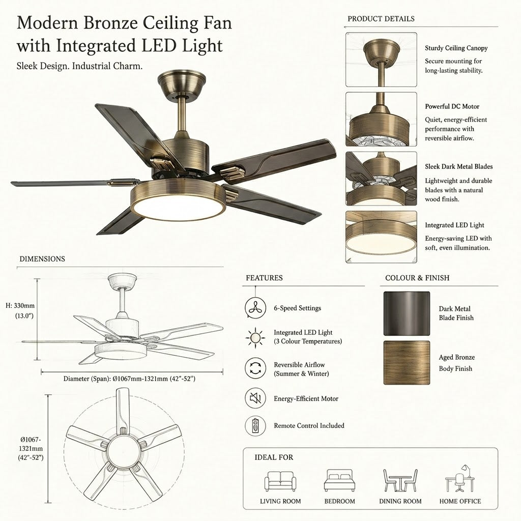 Modern White & Bronze Ceiling Fan with Integrated LED Light