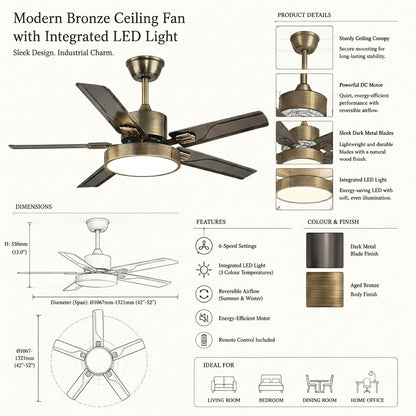 Modern White & Bronze Ceiling Fan with Integrated LED Light