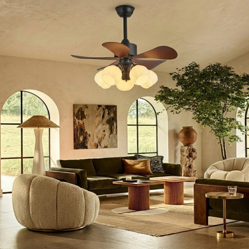 Nordic Wood Effect Ceiling Fan with Light & Hanging Rod for Bedroom & Living Room