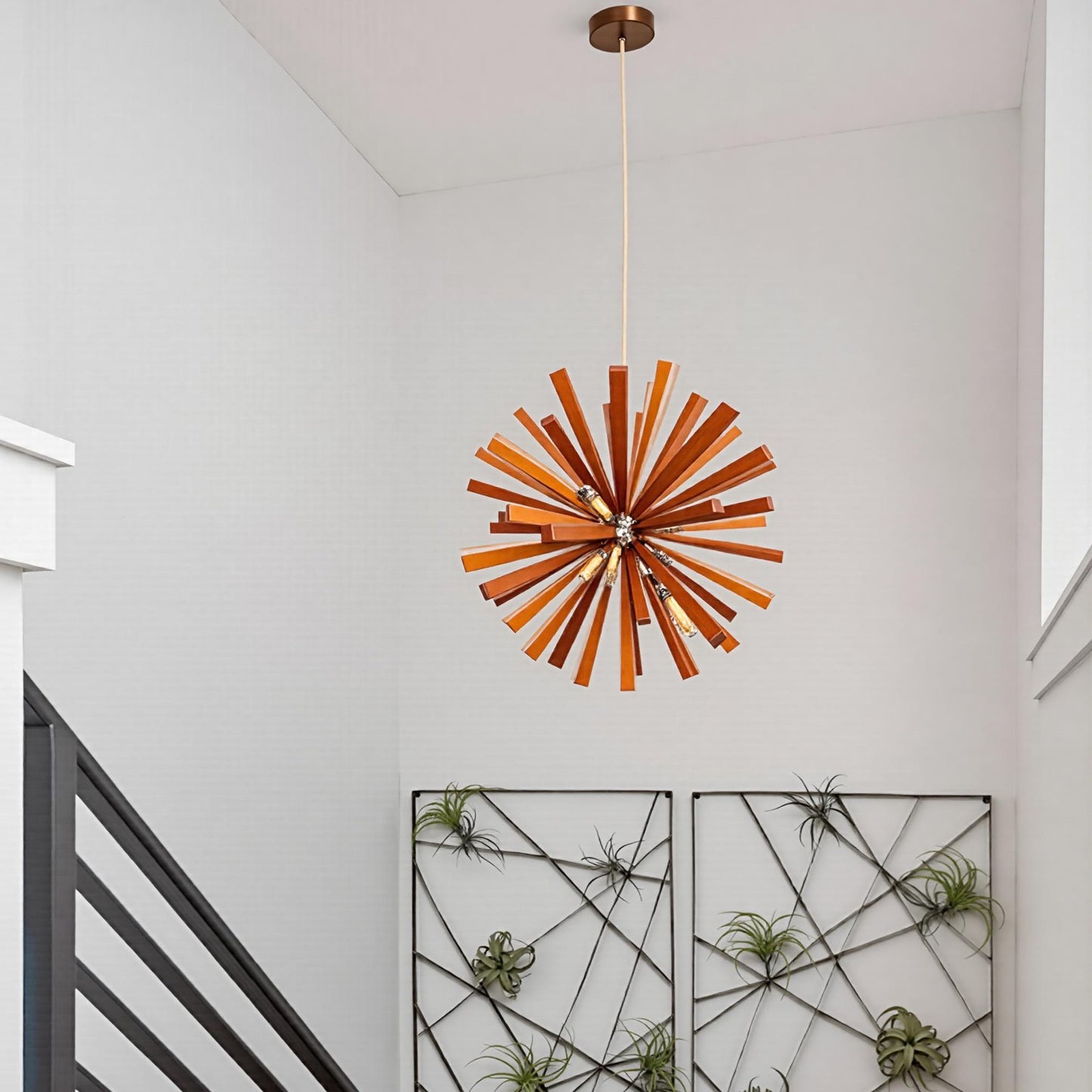 Mid-Century Solid Wood Starburst Chandelier - Retro Wooden Sputnik Pendant Light
