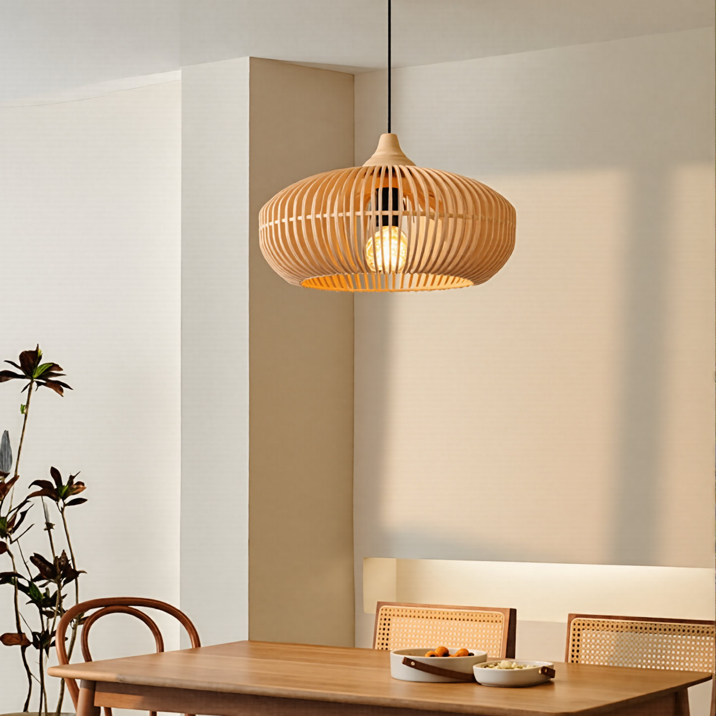 Modern Slatted Wood Pendant Light - Nordic Pumpkin Wood Chandelier