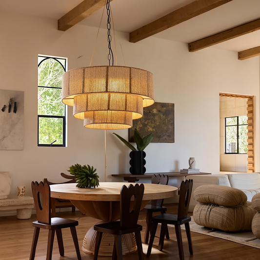 Modern 3-Tier Natural Jute Rope Chandelier - Layered Boho Drum Pendant Light