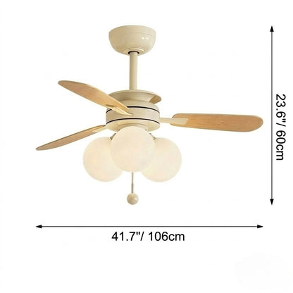 Modern Nordic Wooden Ceiling Fan with Light, 3 Glass Shades for Bedroom Living Room