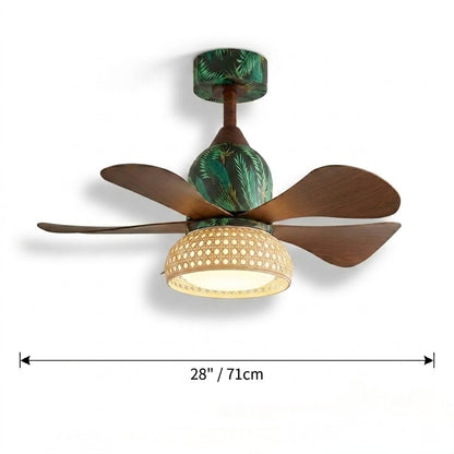 Retro Tropical Rattan Ceiling Fan with Light - 28" 5-Blade Fan