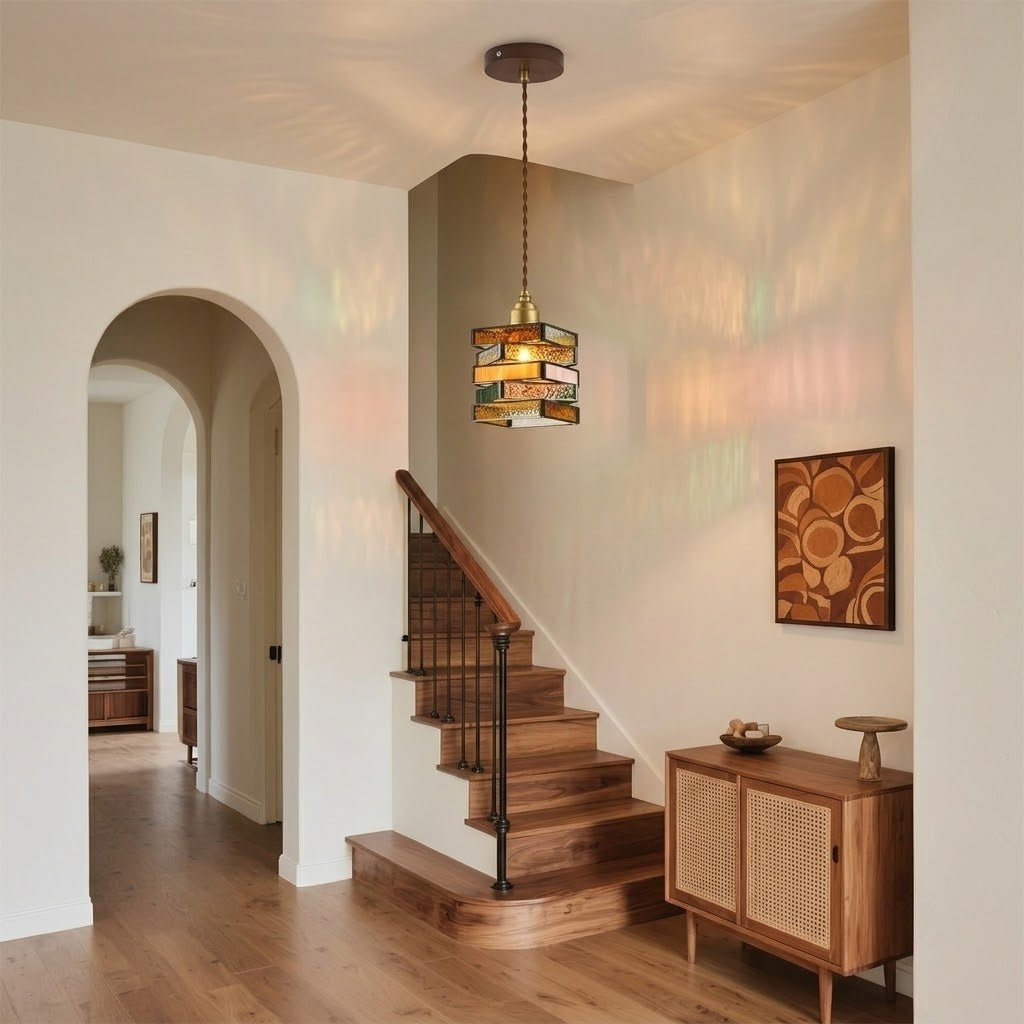 Handcrafted Vintage Geometric Stained Glass Pendant Light