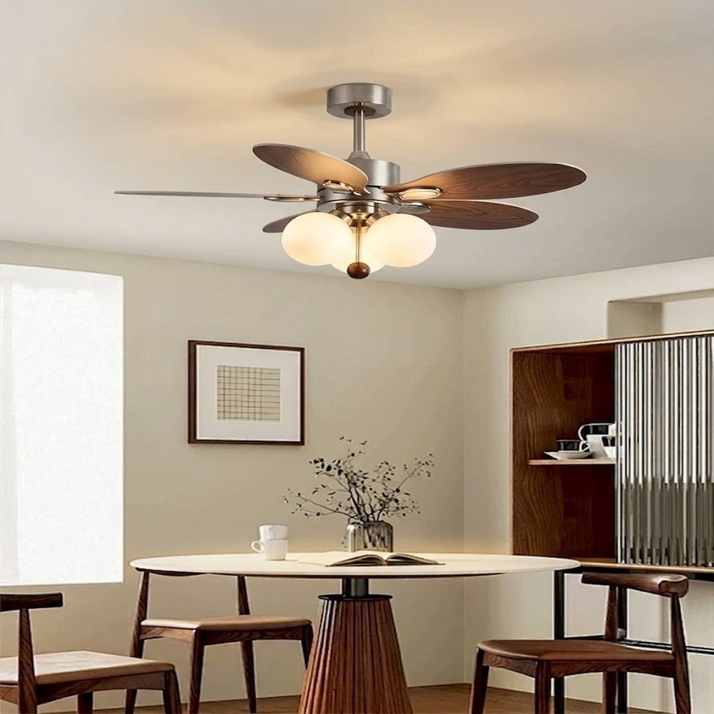 Modern Style Ceiling Fan with Light Iron & Glass Shades for Bedroom