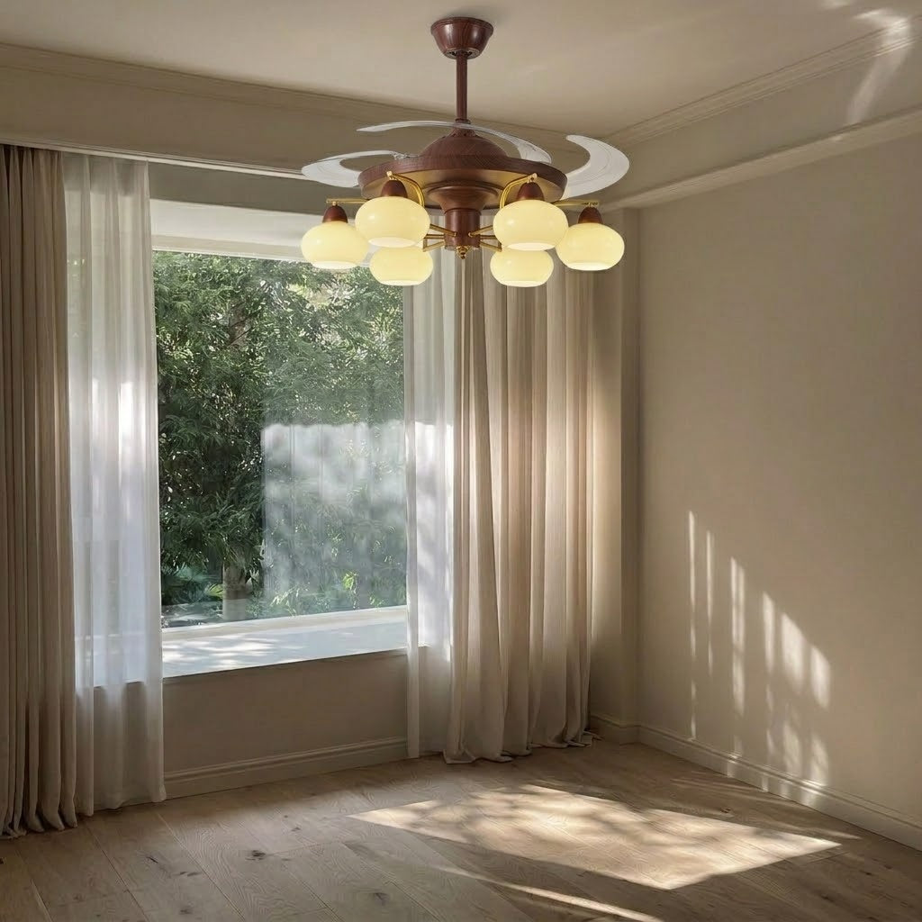 Retractable Ceiling Fan Light - Walnut & Glass Globes