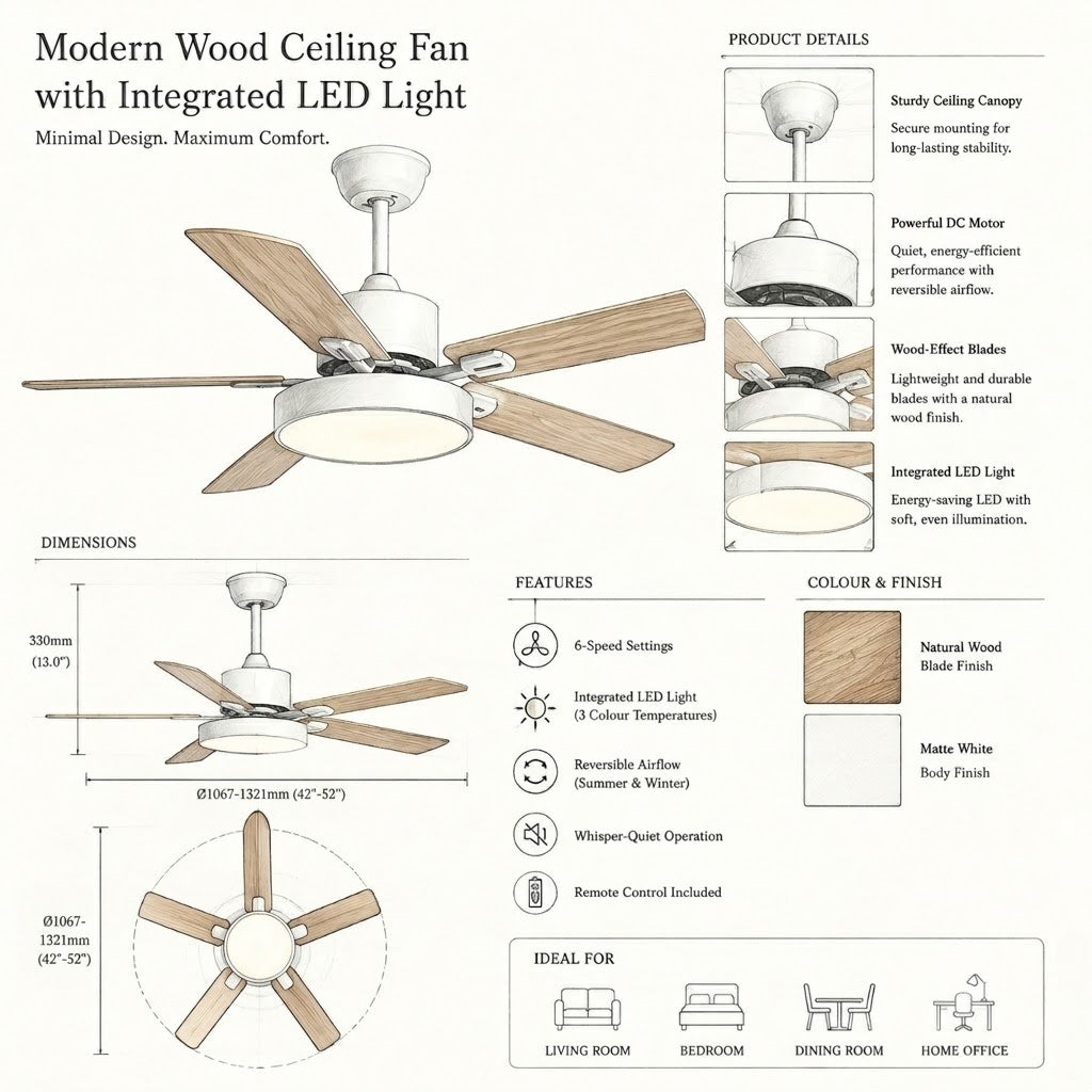 Modern White & Bronze Ceiling Fan with Integrated LED Light