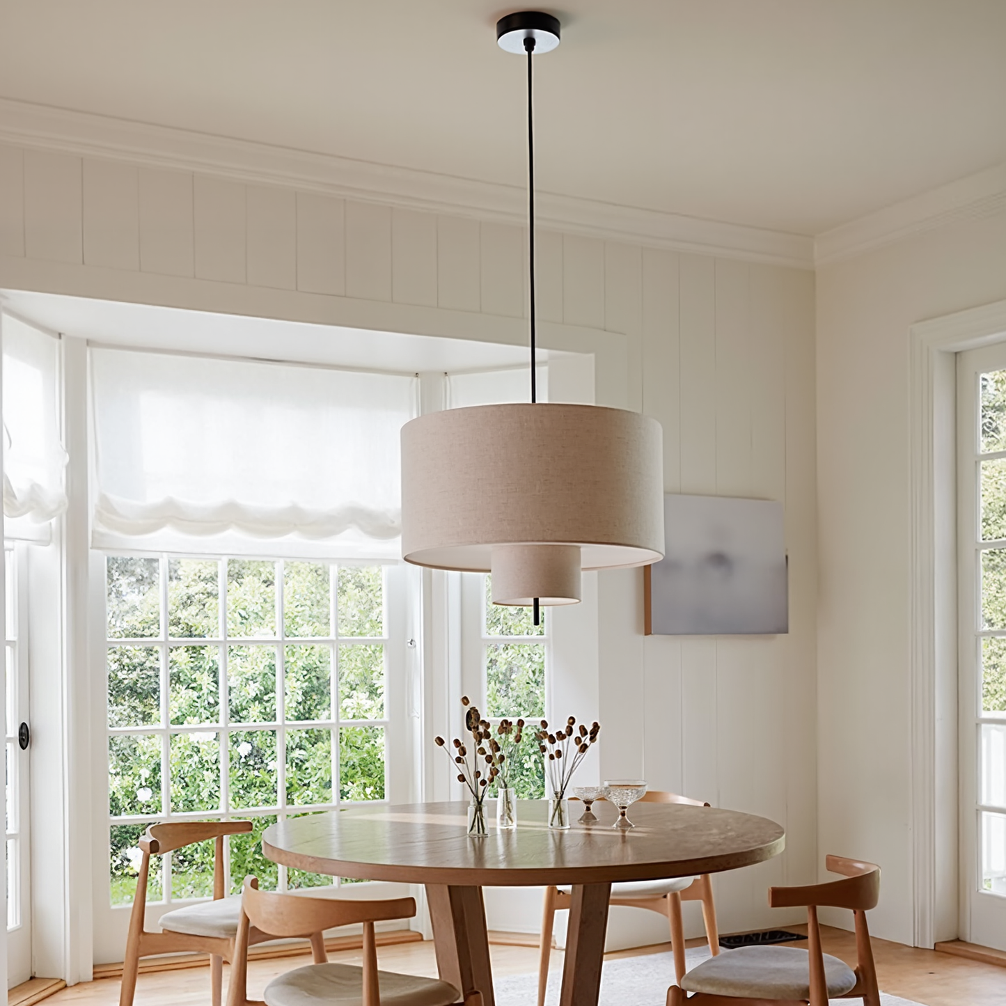 Modern Linen Drum Pendant Light - Japandi Nested Fabric Chandelier