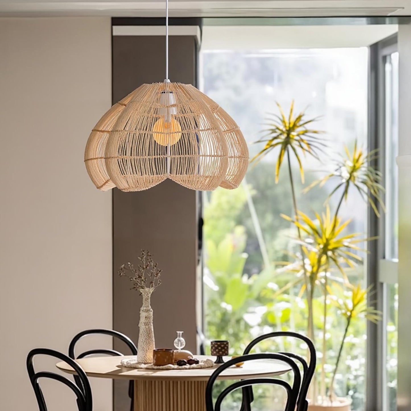 Modern Hand-Woven Rattan Scalloped Pendant Light - Japandi Fluted Dome Chandelier
