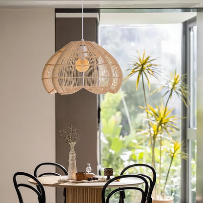 Modern Hand-Woven Rattan Scalloped Pendant Light - Japandi Fluted Dome Chandelier