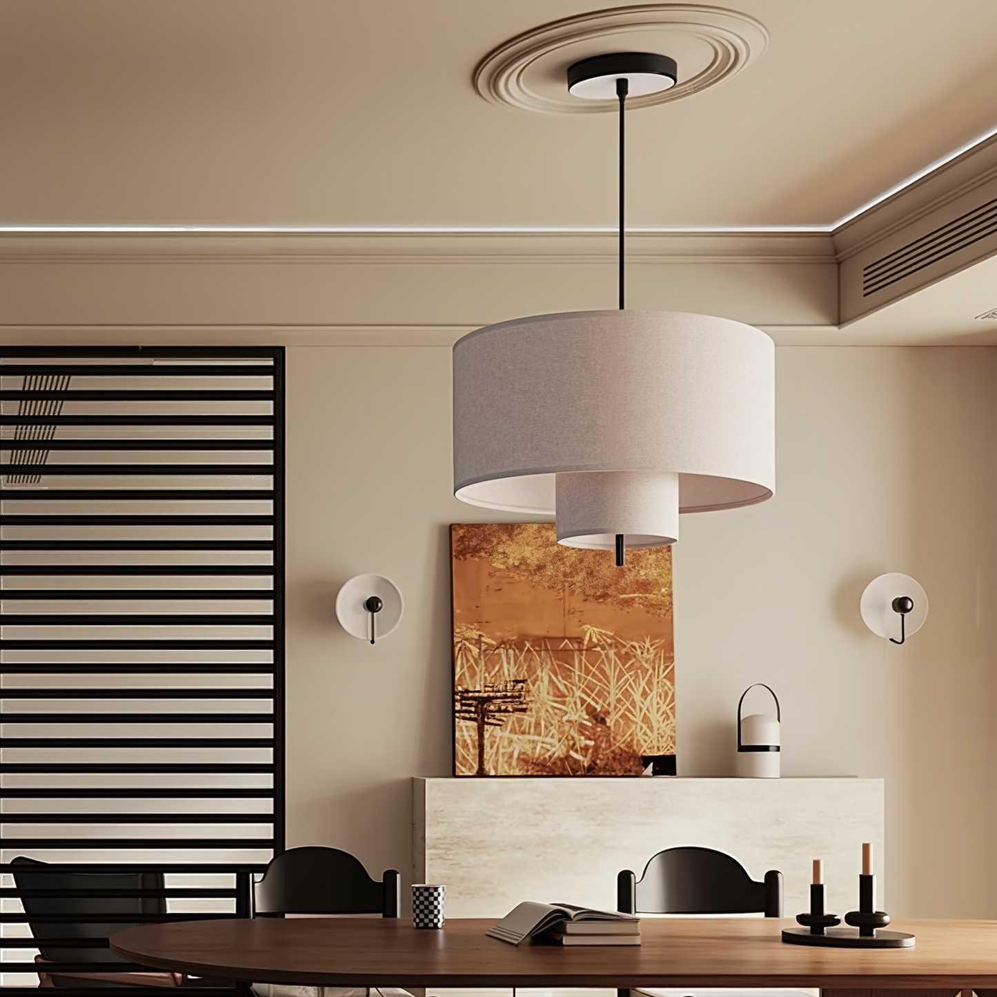 Modern Linen Drum Pendant Light - Japandi Nested Fabric Chandelier