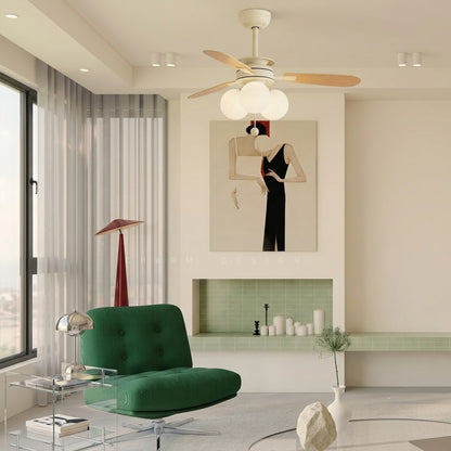 Modern Nordic Wooden Ceiling Fan with Light, 3 Glass Shades for Bedroom Living Room