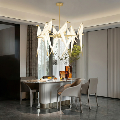 Large 8 Lights Origami Bird Chandelier - Gold Branching Perch Lamp
