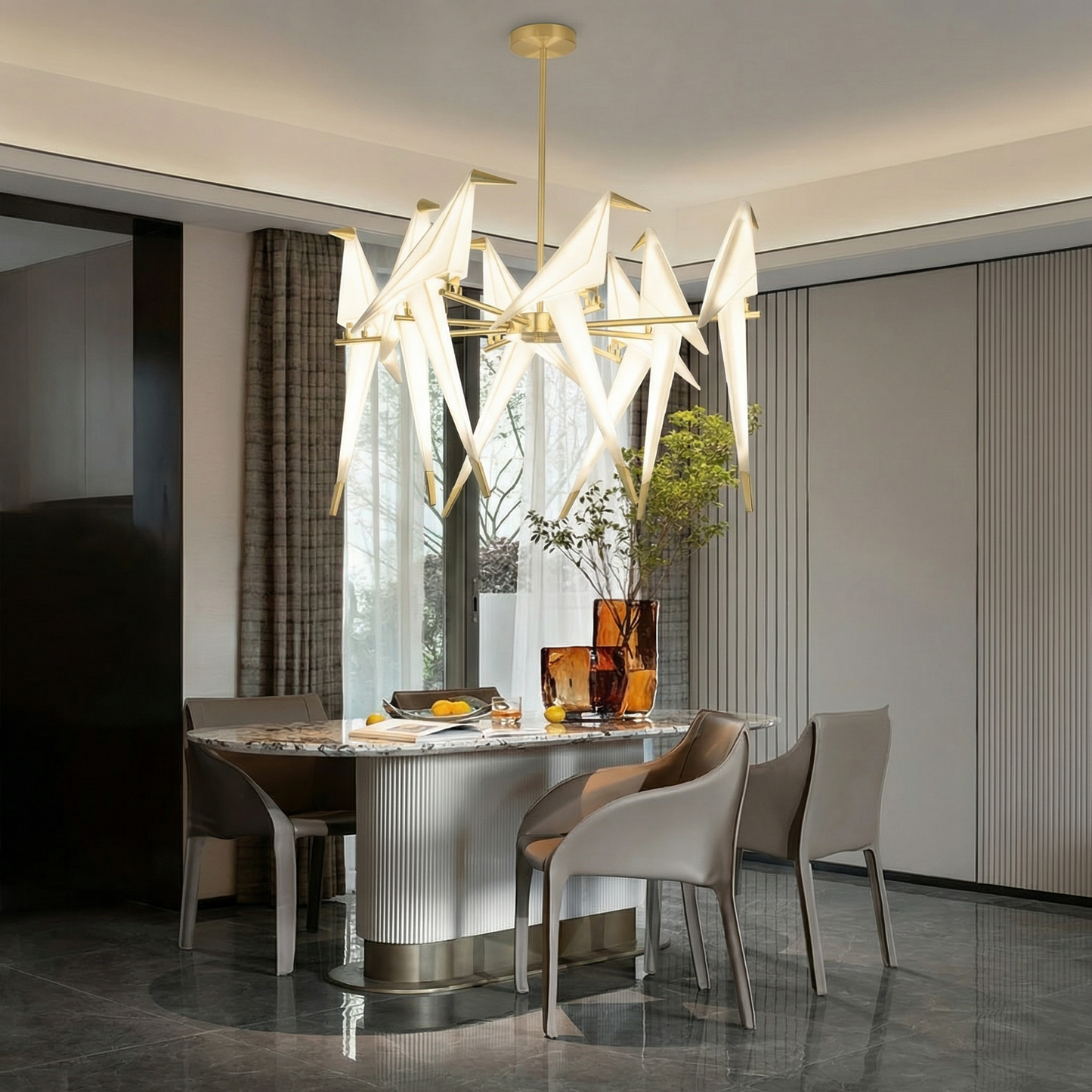 Large 8 Lights Origami Bird Chandelier - Gold Branching Perch Lamp