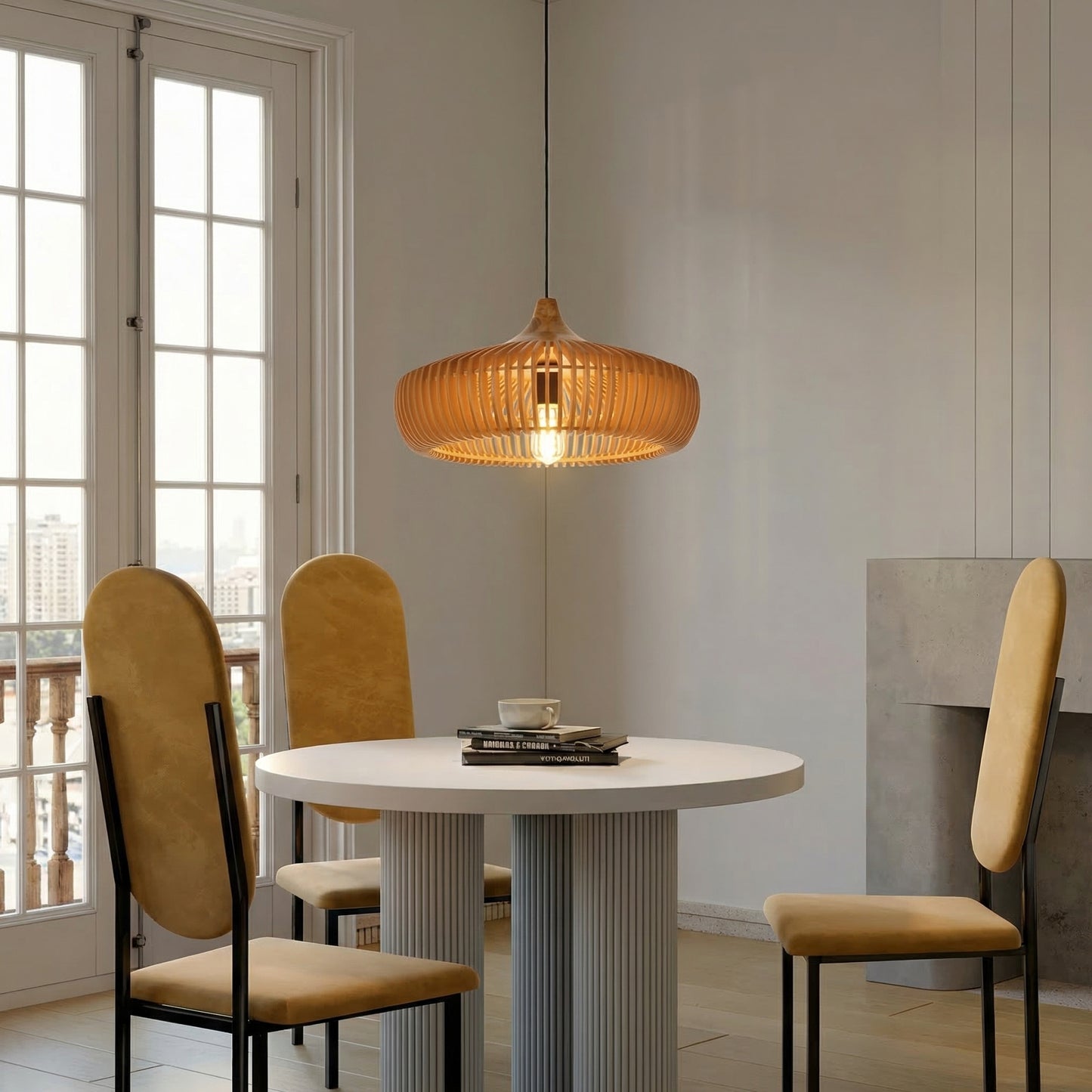 Handcrafted Natural Wood Fin Chandelier - Scandi Style Hanging Lamp