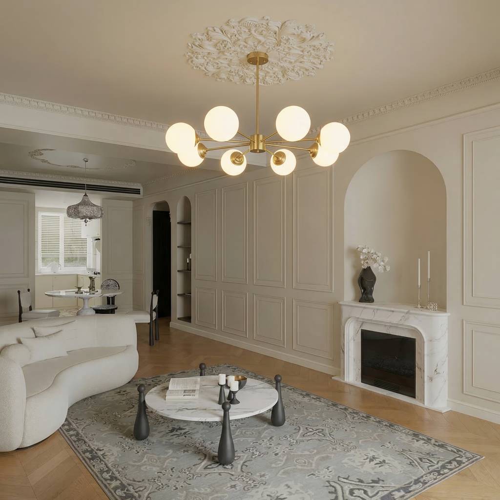Modern Brass Sputnik Chandelier - 6-Light Opal Globe Chandelier