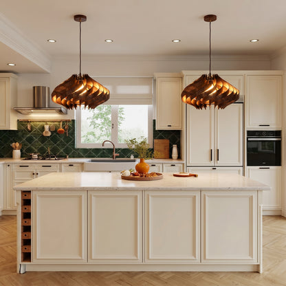 Modern Curved Wood Veneer Swirl Pendant Light - Japandi Onion Dome Chandelier