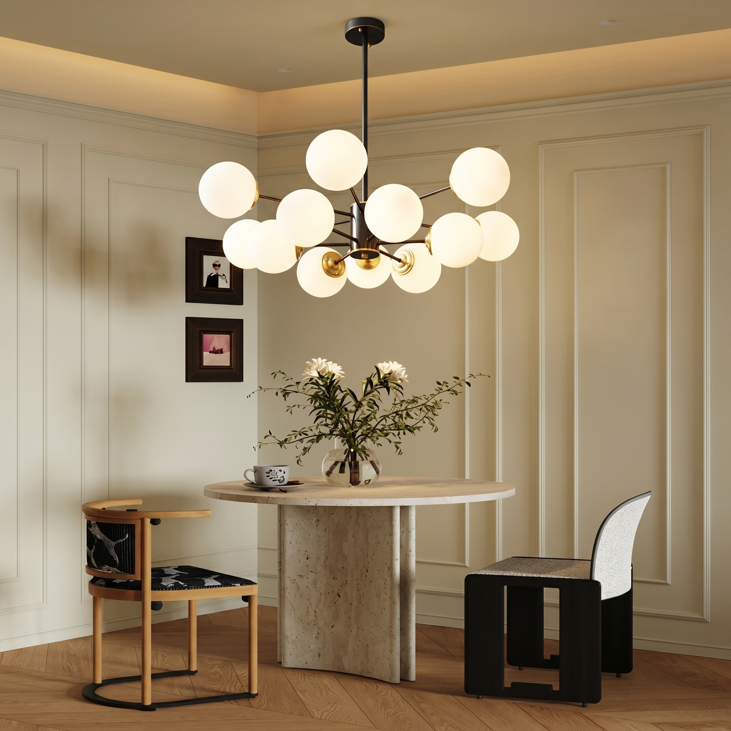 Modern Dual-Tier Globe Chandelier Mid-Century Black & Gold 10-Light Chandelier