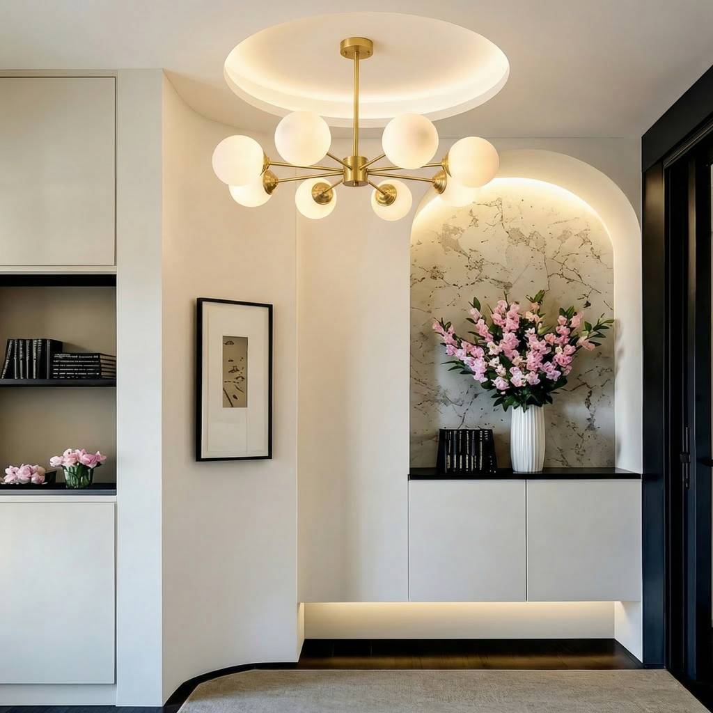 Modern Brass Sputnik Chandelier - 6-Light Opal Globe Chandelier