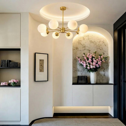 Modern Brass Sputnik Chandelier - 6-Light Opal Globe Chandelier