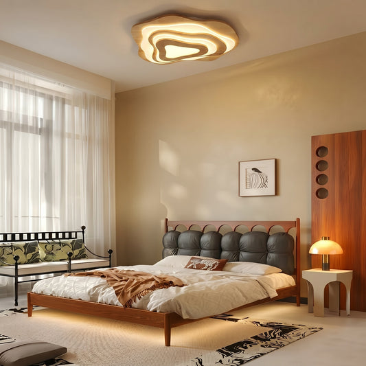 Modern Organic Wood Flush Mount Ceiling Light - Japandi Topographic LED Lamp