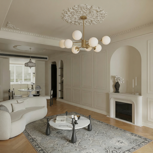 8-light Sputnik Gold Chandelier Brass Ceiling Light Opal Globe Molecular