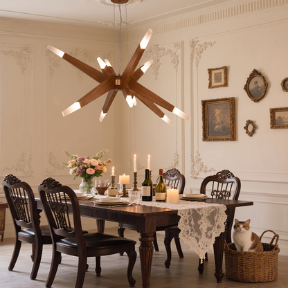 Modern Solid Wood Sputnik Chandelier - 12-Light Starburst Pendant LED