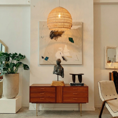 Hand-Woven Rattan Dome Pendant Light - Organic Boho Wicker Chandelier