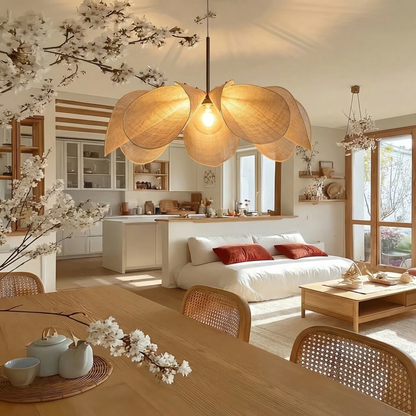 French Petal Linen Pendant Light - Floral Fabric Chandelier Boho
