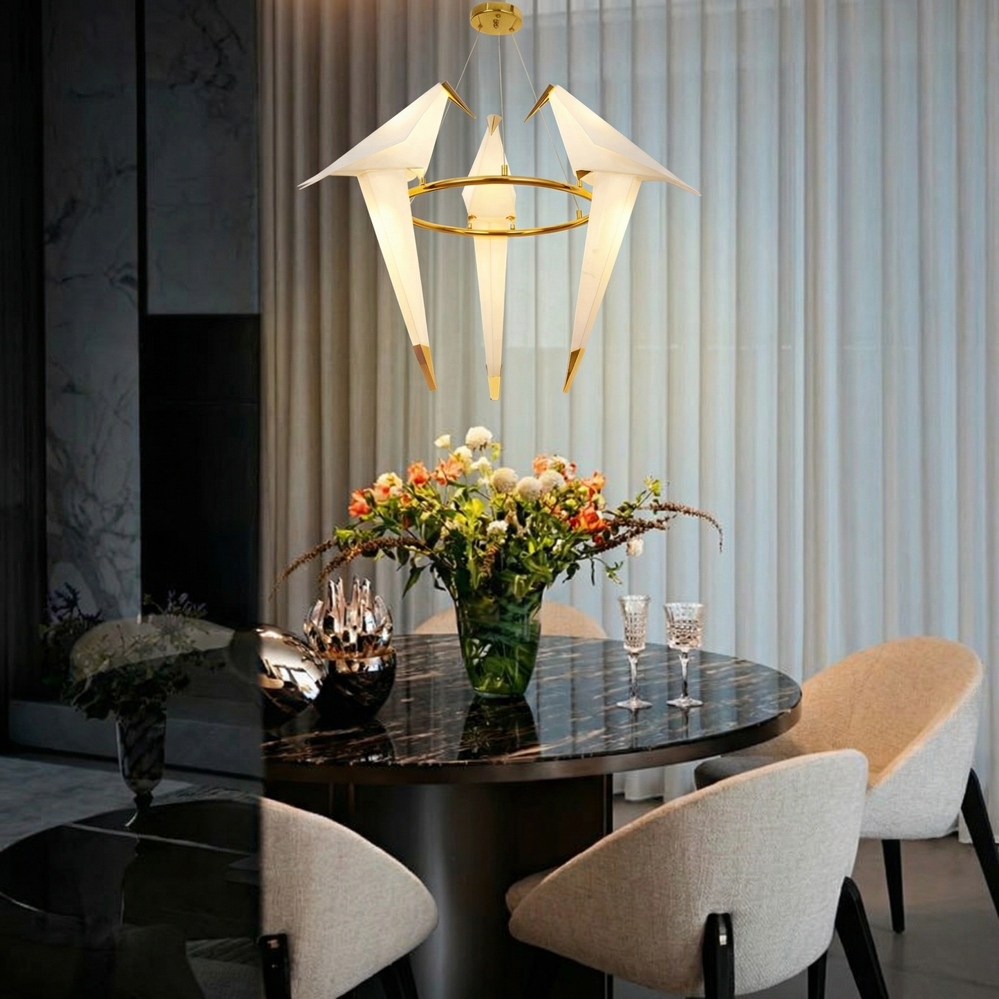 3-Bird Circular Origami Chandelier | Gold Round Dining Room Light