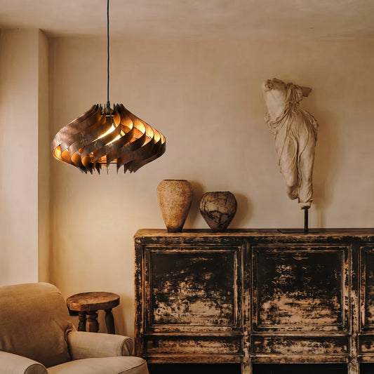Modern Curved Wood Veneer Swirl Pendant Light - Japandi Onion Dome Chandelier