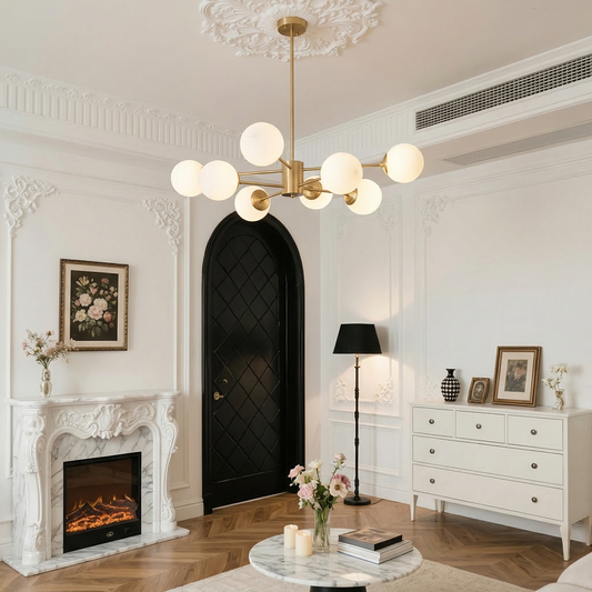 8-light Sputnik Gold Chandelier Brass Ceiling Light Opal Globe Molecular