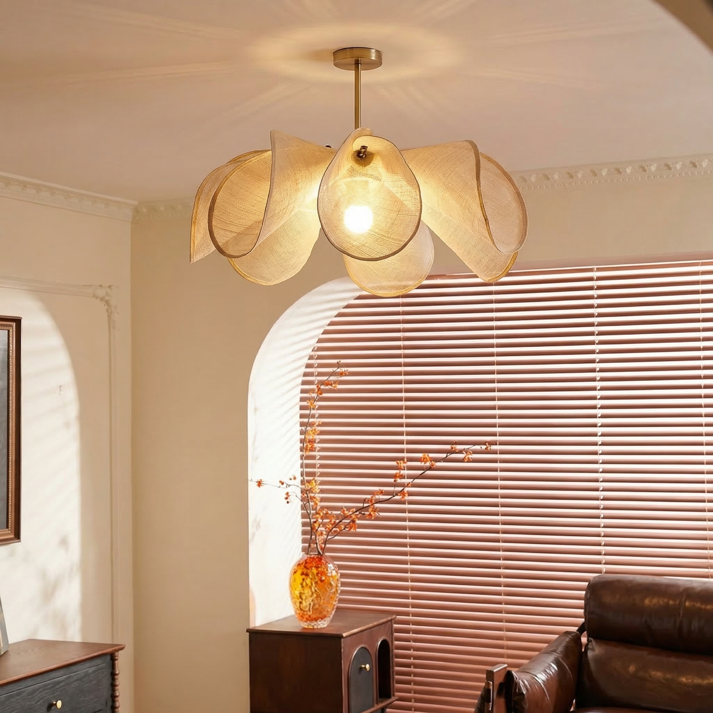 French Petal Linen Pendant Light - Floral Fabric Chandelier Boho