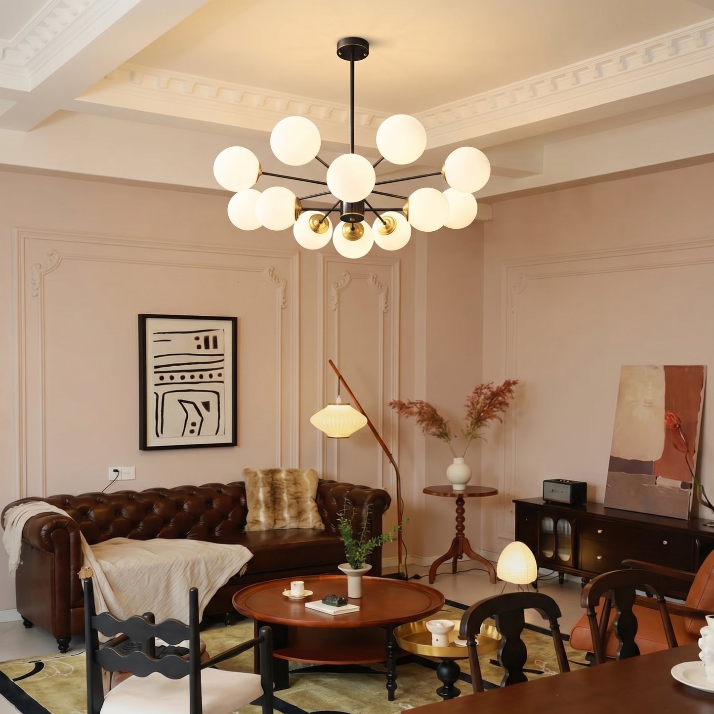 Modern Dual-Tier Globe Chandelier Mid-Century Black & Gold 10-Light Chandelier