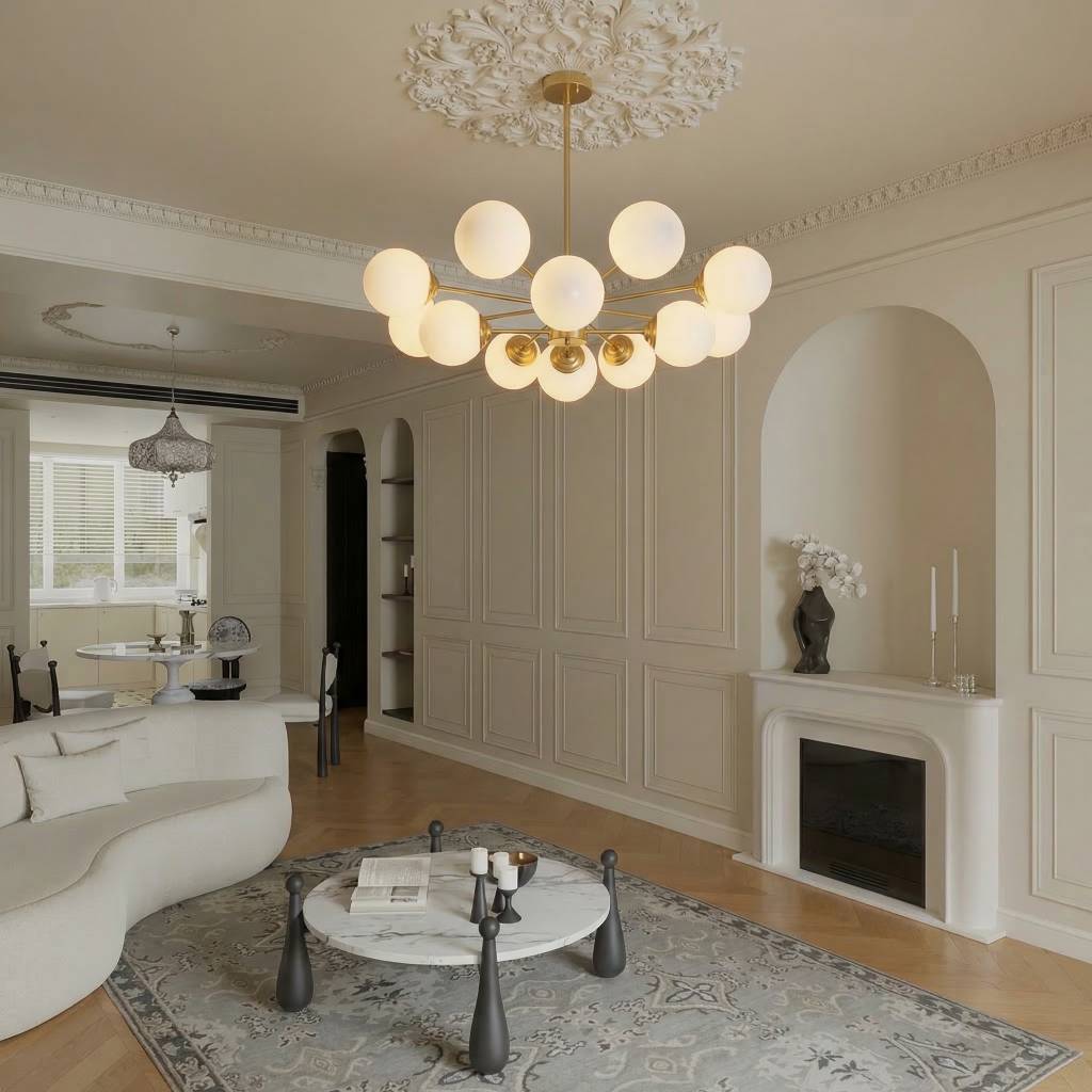 Modern Brass Sputnik Chandelier - 6-Light Opal Globe Chandelier