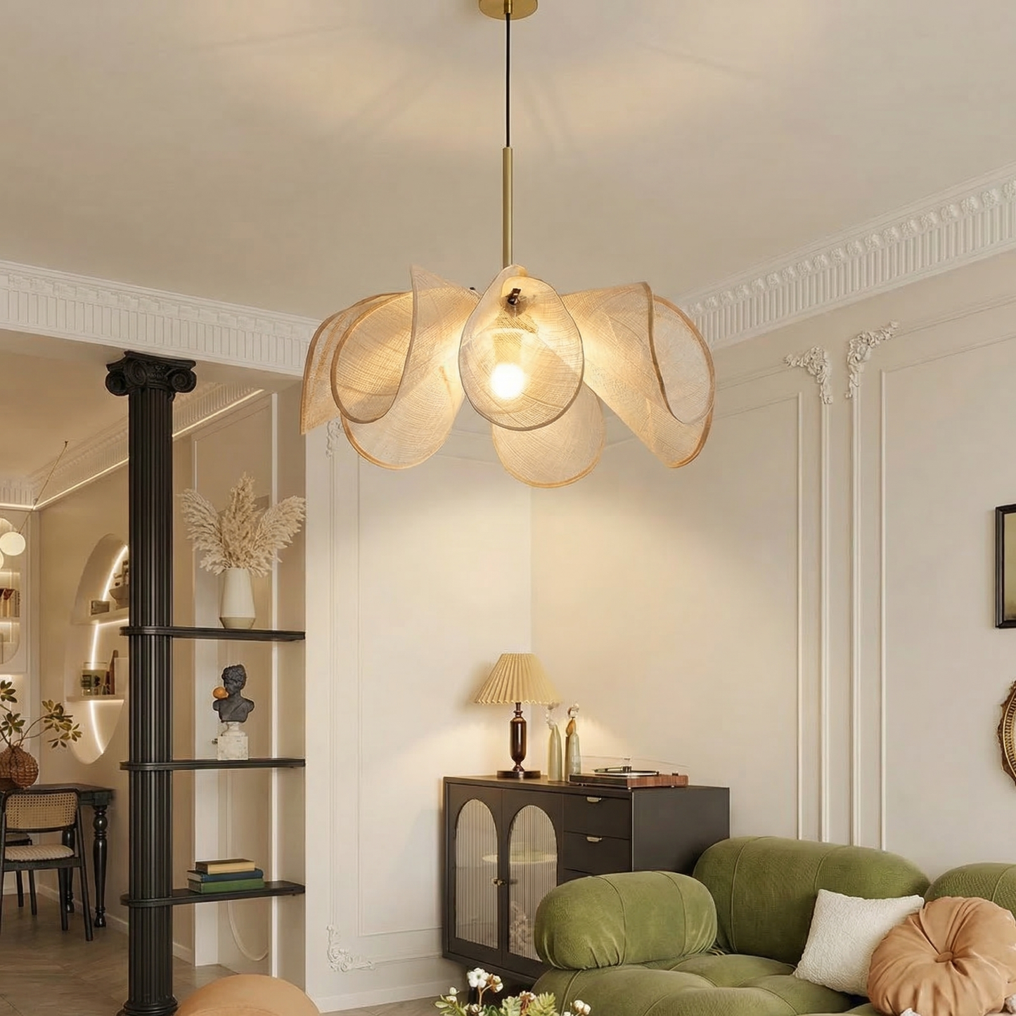 French Petal Linen Pendant Light - Floral Fabric Chandelier Boho