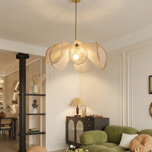 French Petal Linen Pendant Light - Floral Fabric Chandelier Boho