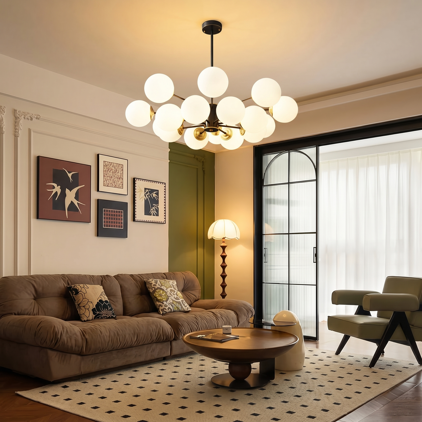 Modern Dual-Tier Globe Chandelier Mid-Century Black & Gold 10-Light Chandelier