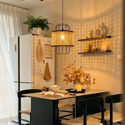 Modern Rattan Cane Lantern Pendant - Mid-Century Wire Birdcage Chandelier