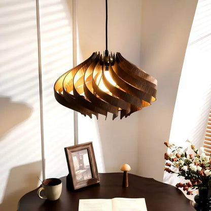 Modern Curved Wood Veneer Swirl Pendant Light - Japandi Onion Dome Chandelier